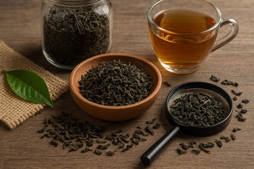 Fresh tea leaves with barcode labels representing transparency and traceability in wholesale tea