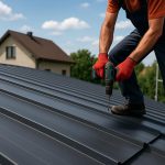 Metal roofing expert inspecting roof on suburban Katy home with professional tools and materials