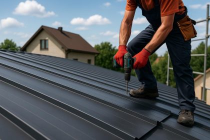 Metal roofing expert inspecting roof on suburban Katy home with professional tools and materials