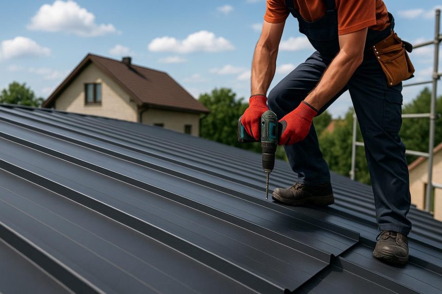 Metal roofing expert inspecting roof on suburban Katy home with professional tools and materials