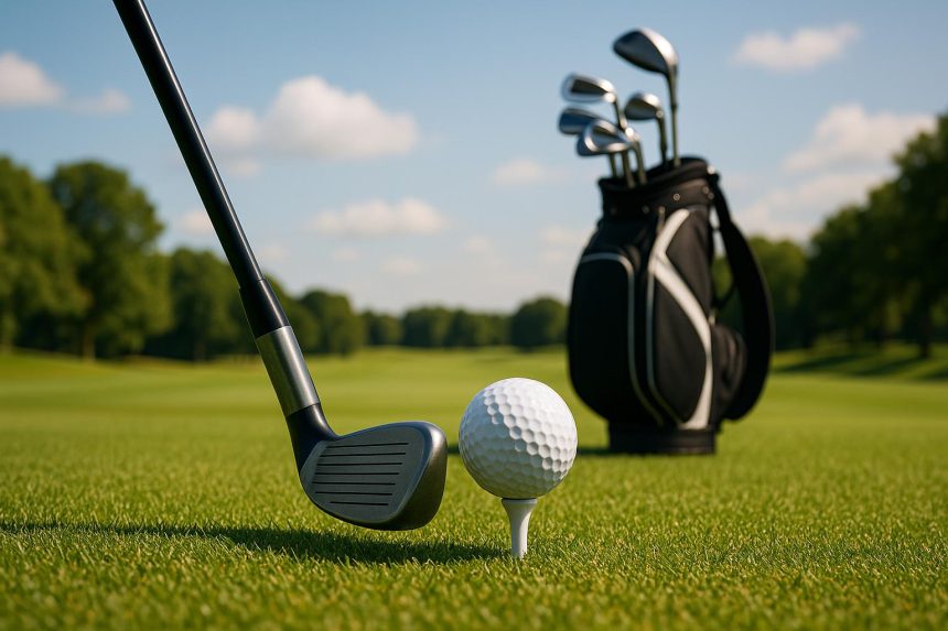 Golf club mid-swing on green fairway illustrating techniques for a perfect golf swing