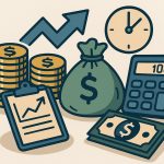 Small business owner reviewing short-term finance documents at desk with calculator and laptop