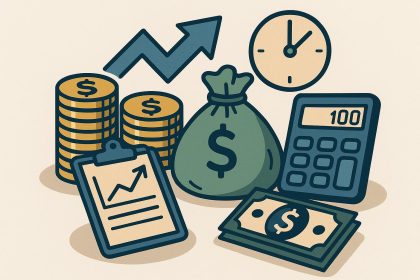 Small business owner reviewing short-term finance documents at desk with calculator and laptop