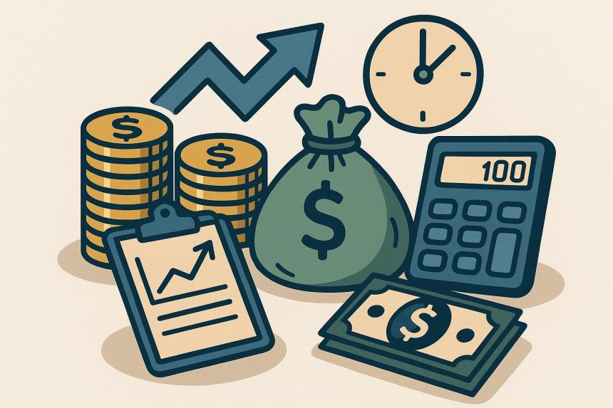 Small business owner reviewing short-term finance documents at desk with calculator and laptop