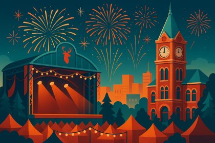 Colorful outdoor festival in Red Deer showcasing live music, food stalls, and vibrant crowds