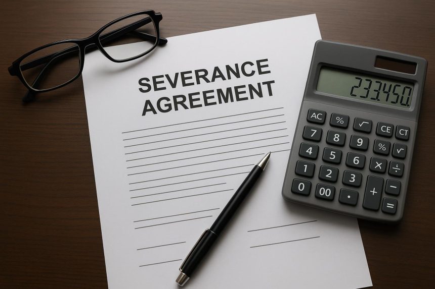 Severance agreement document with calculator highlighting potential legal pitfalls and financial risks
