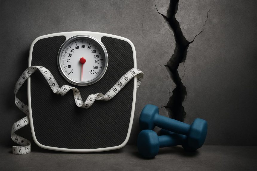 Scale and running shoes symbolizing overcoming a weight loss plateau beyond diet and cardio