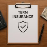 ₹1 crore term insurance policy document with calculator and rupee notes in India