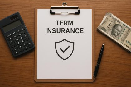 ₹1 crore term insurance policy document with calculator and rupee notes in India