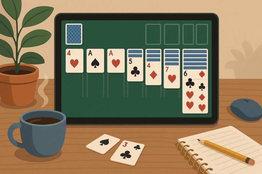 Digital solitaire game on a laptop screen with cards displayed, promoting relaxation during breaks