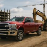 Heavy-duty pickup truck transporting construction materials on a modern worksite