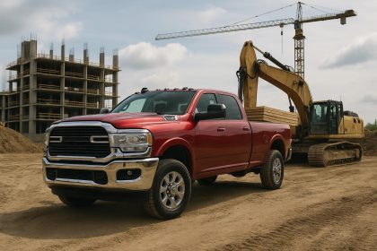 Heavy-duty pickup truck transporting construction materials on a modern worksite