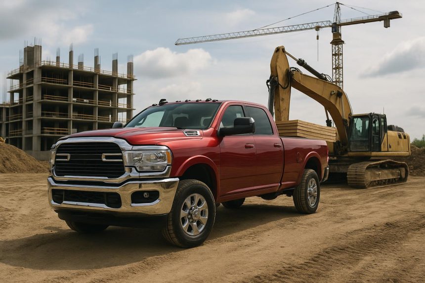 Heavy-duty pickup truck transporting construction materials on a modern worksite