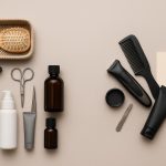 Organized grooming tools neatly arranged on a clean bathroom countertop for decluttering tips