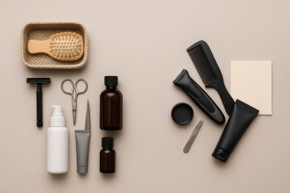 Organized grooming tools neatly arranged on a clean bathroom countertop for decluttering tips