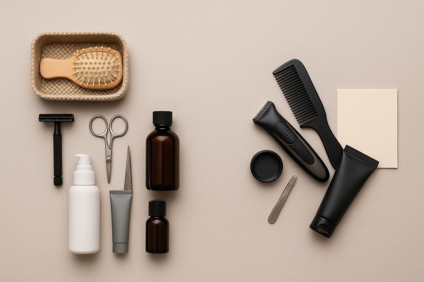 Organized grooming tools neatly arranged on a clean bathroom countertop for decluttering tips