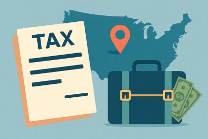 Map of the United States with tax documents highlighting expat tax obligations after moving abroad