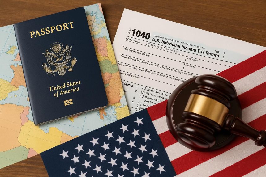U.S. tax forms and passport on a desk, highlighting tax requirements for Americans abroad