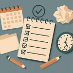 Overwhelmed workspace with scattered task lists symbolizing productivity burnout