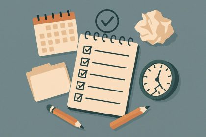 Overwhelmed workspace with scattered task lists symbolizing productivity burnout