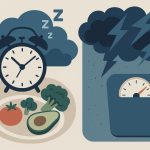 Bed with tangled sheets and alarm clock symbolizing poor sleep and stress affecting weight loss