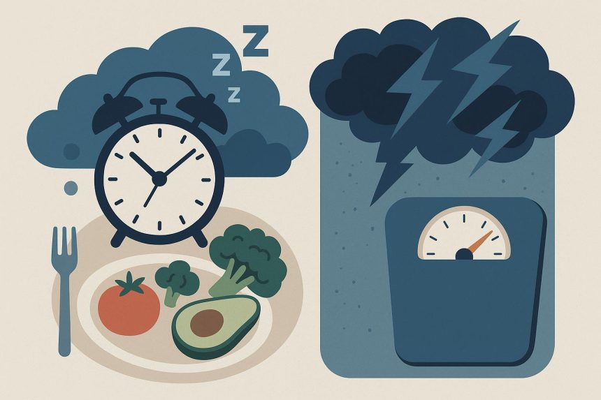 Bed with tangled sheets and alarm clock symbolizing poor sleep and stress affecting weight loss