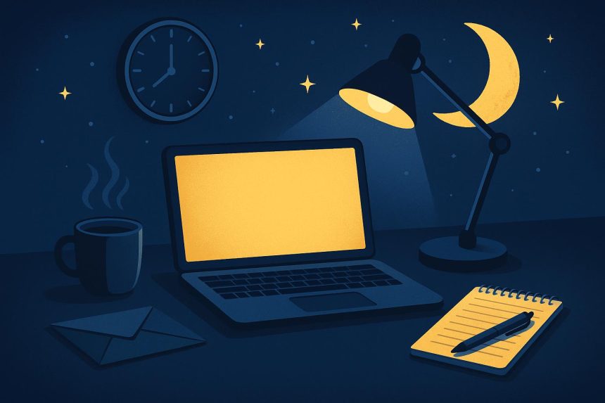 Night shift worker at desk with coffee, focused on computer under dim office lighting