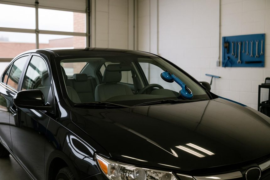 Auto glass replacement technician repairing car windshield in Sterling Heights, MI.