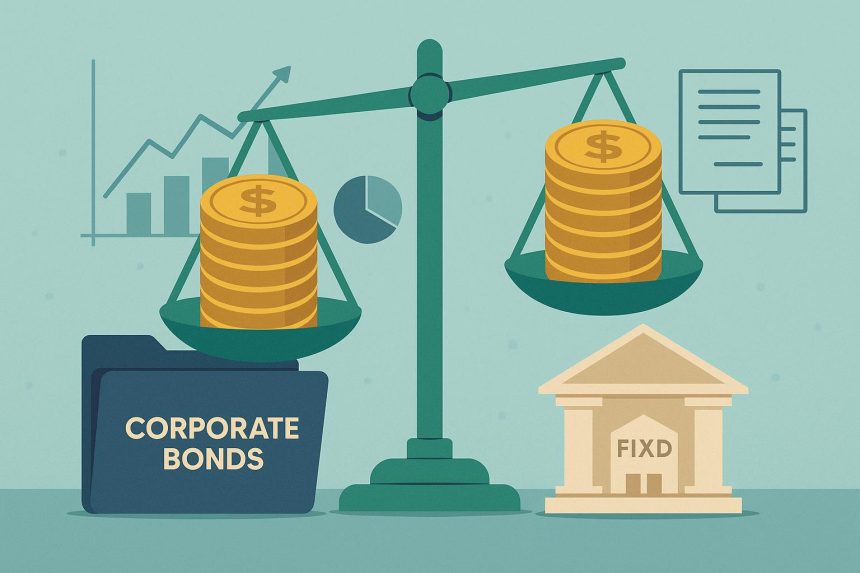Corporate bonds and fixed deposit icons side by side, comparing long-term investment options