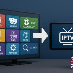 IPTV streaming devices and TV screen displaying UK channels and on-demand content