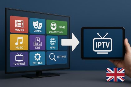 IPTV streaming devices and TV screen displaying UK channels and on-demand content