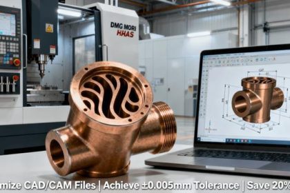 Precision bronze part next to CNC machine control panel and laptop showing CAD model with GD&T, highlighting the link between design and manufacturing.