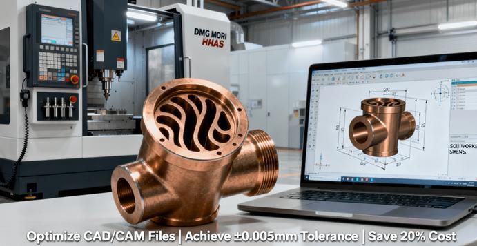 Precision bronze part next to CNC machine control panel and laptop showing CAD model with GD&T, highlighting the link between design and manufacturing.