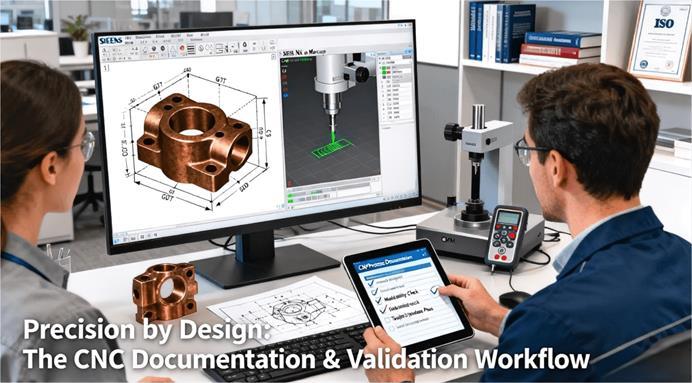 Comparison of a flawed bronze part next to a rejected drawing vs. a perfect part with a passed CNC process checklist and CMM report.