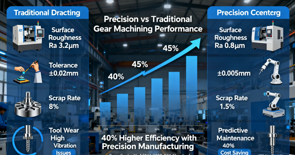 Performance comparison demonstrating precision gear machining advantages: 40% cost savings and 45% efficiency gains achieved through optimized parameters and smart technology integration.