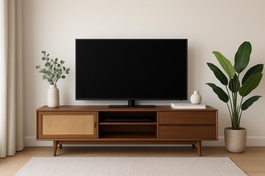 Modern TV unit with sleek shelves and storage, perfect for Dubai living room interiors