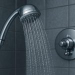Close-up of a bathroom showerhead with cold water running, illustrating shower temperature issues
