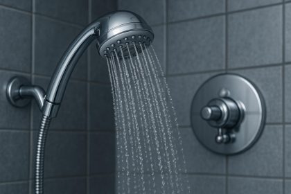 Close-up of a bathroom showerhead with cold water running, illustrating shower temperature issues
