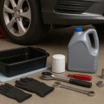 Mechanic changing car oil with tools in a garage, demonstrating step-by-step oil change process