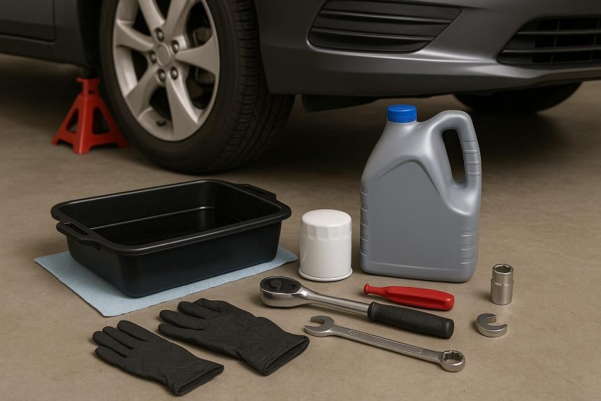 Mechanic changing car oil with tools in a garage, demonstrating step-by-step oil change process