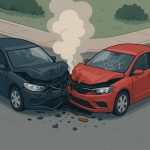 Damaged cars on roadside after collision, emphasizing post-accident safety and response steps