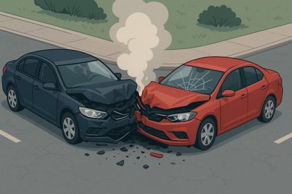 Damaged cars on roadside after collision, emphasizing post-accident safety and response steps