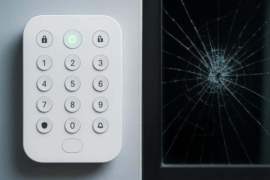 Smart home security system showing vulnerable digital lock and connected devices in a modern house