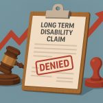 Denied long-term disability claim paperwork and appeal documents on a lawyer’s desk