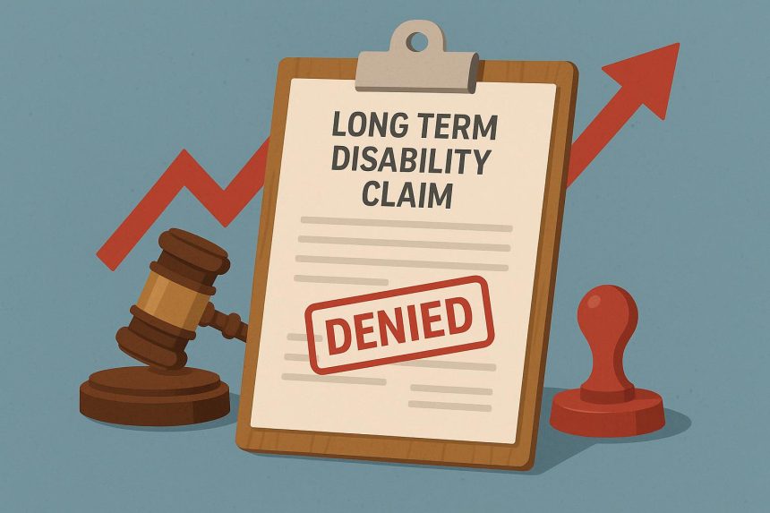 Denied long-term disability claim paperwork and appeal documents on a lawyer’s desk