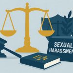 Confident lawyer reviewing legal documents in a professional office setting for harassment case