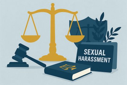 Confident lawyer reviewing legal documents in a professional office setting for harassment case