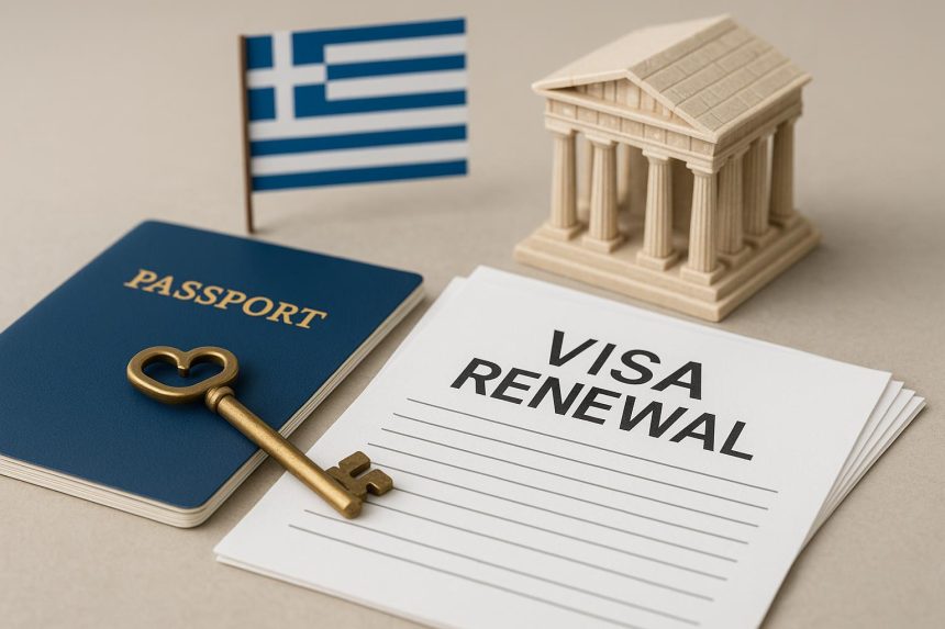 Greece Golden Visa renewal paperwork with passport and official documents on a desk