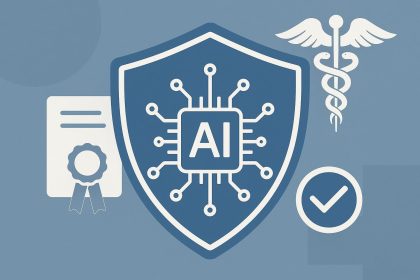 Artificial intelligence icons with medical symbols representing healthcare accreditation standards