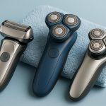 Electric and manual shavers displayed with aloe vera leaves for sensitive skin care solutions